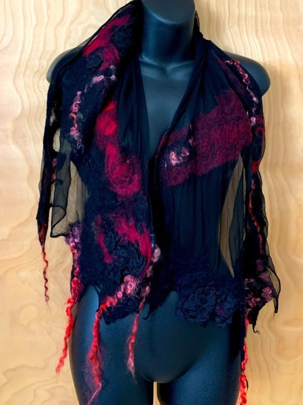 Black and Red Liberty made in Italy scarf silk wool Sheer Felted